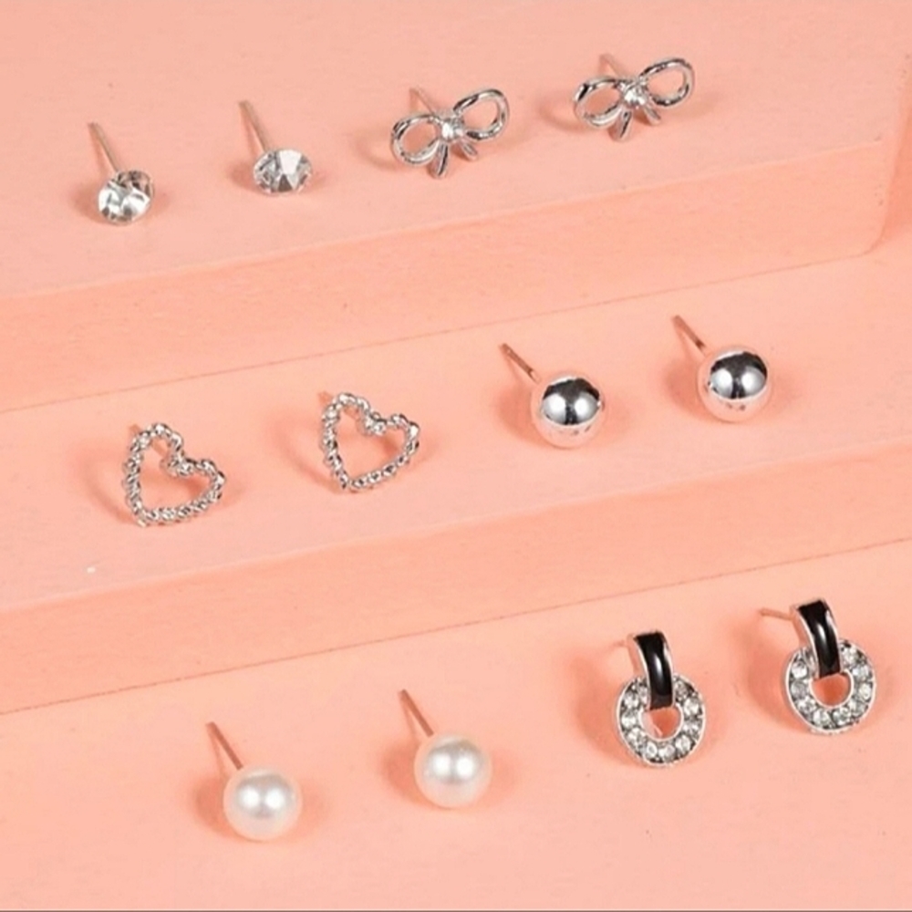 Pearls Hearts and Bows Silver Studs Assorted Set of 6